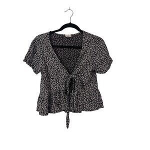 Brandy‎ Melville Black Floral Tie Front Peplum Blouse Short Sleeve Women's Top